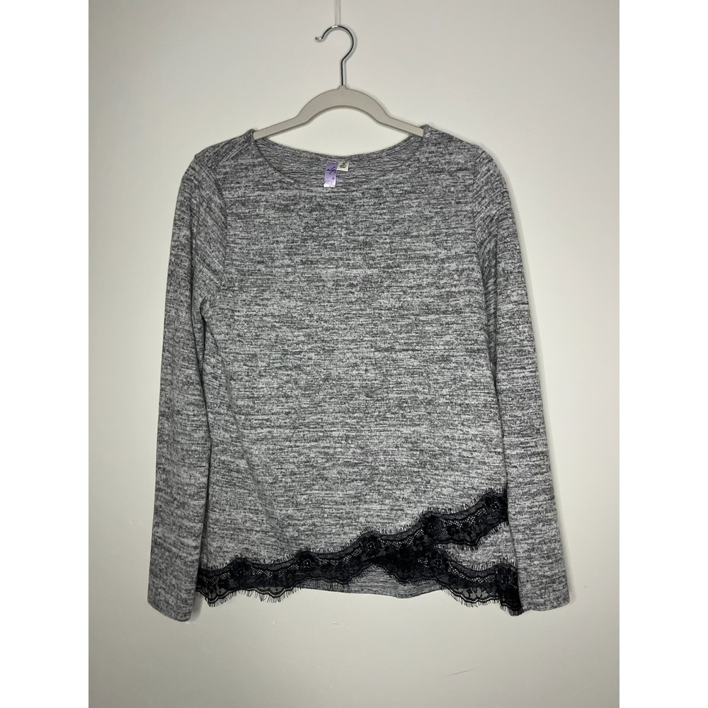 Alya Gray Marl Black Lace Trim Long Sleeve Shirt Womens Medium